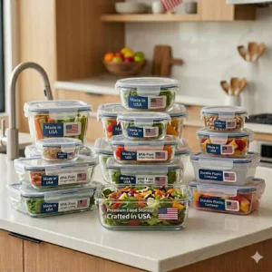 Clear pantry organizers and dry food containers made in usa storing pasta and grains.