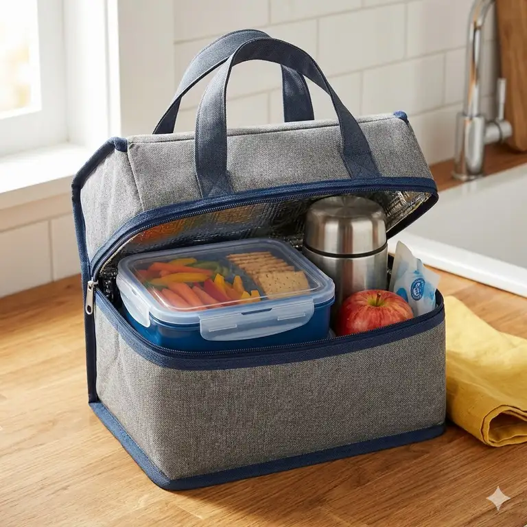 A fully packed insulated lunch cooler filled with meal prep containers, fresh fruit, and a water bottle on a kitchen counter.
