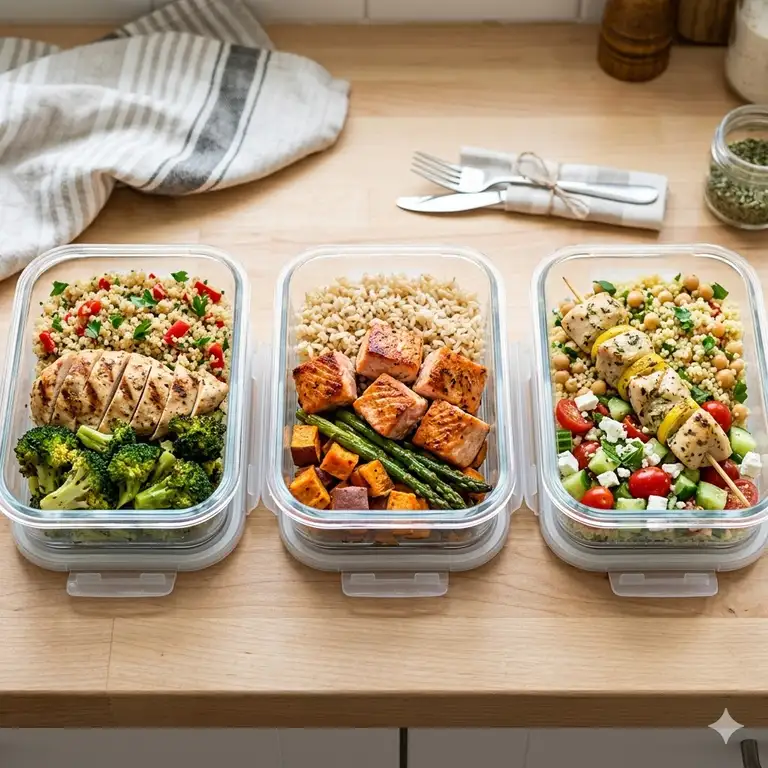 A top-down view of three glass prepped lunch box containers filled with healthy chicken, quinoa, and vegetables.