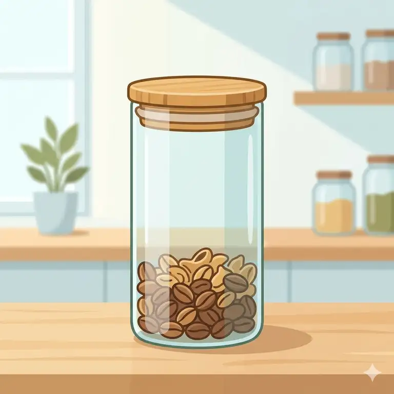 A modern clear glass storage bottle with an airtight bamboo lid sitting on a clean kitchen countertop.