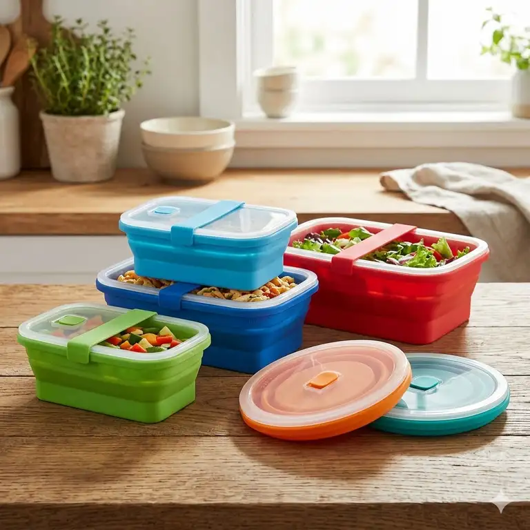 A colorful set of four silicone collapsible food containers in various sizes, fully expanded on a wooden kitchen countertop.
