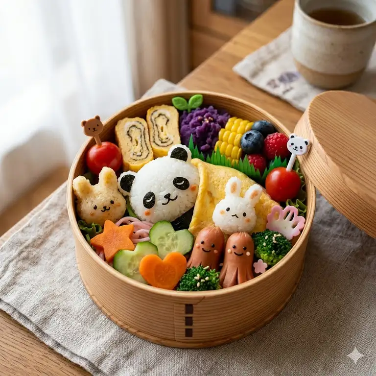 A vibrant and cute bento box filled with panda-shaped rice balls, star-shaped carrots, and colorful berries arranged neatly for a healthy lunch.