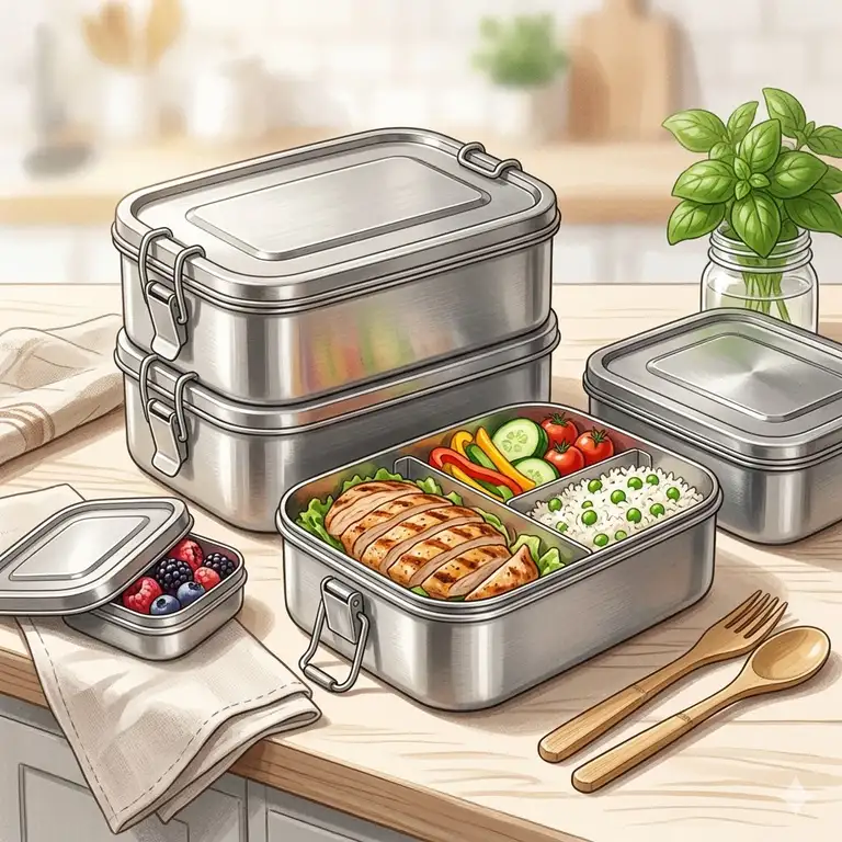 "A premium leakproof stainless steel bento containers filled with a healthy lunch of grilled chicken, rice, and fresh vegetables on a wooden kitchen table."