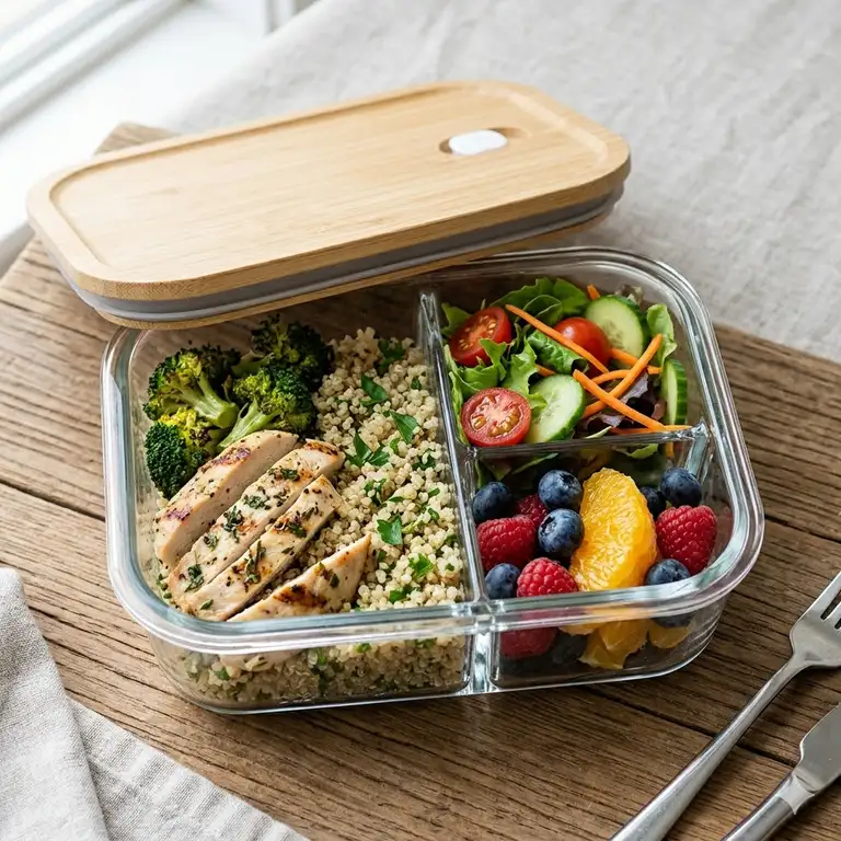 A premium leak-proof lunch box glass with divider filled with a healthy balanced meal of grilled chicken and fresh vegetables.