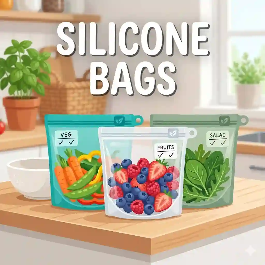 A set of colorful, reusable silicone bags filled with fresh vegetables and fruits arranged on a clean kitchen counter.bag silicone