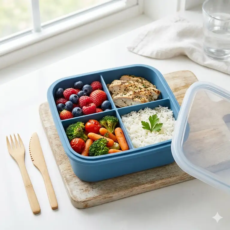 A premium multi-compartment silicone bento box filled with a balanced healthy meal of fresh berries, grilled chicken, rice, and vegetables on a clean kitchen counter.