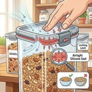 A close-up diagram showcasing the silicone seal locking mechanism of cereal food storage containers to keep food fresh.