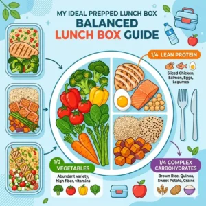 An educational guide showing the ideal food group proportions for a healthy prepped lunch box.