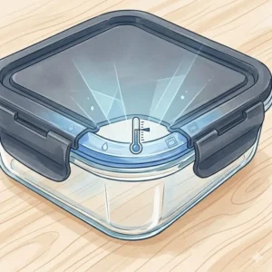 Illustration showing the heat-resistant properties of a borosilicate glass lunch box set transitioning from freezer to oven.