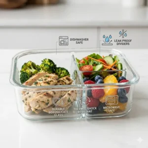 High-quality borosilicate lunch box glass with divider showing its durability and resistance to high temperatures.