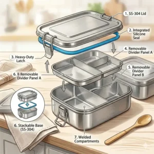 "An exploded view diagram showing the detailed components, silicone seal, and latches of the stainless steel bento containers."