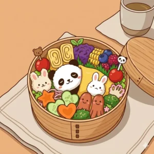 An illustration of a cute bento featuring adorable sleeping bear rice balls tucked under an egg omelet blanket with broccoli florets.