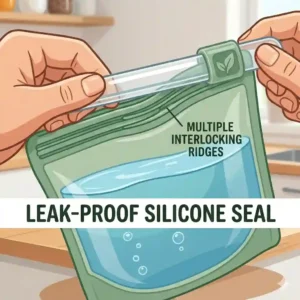 Illustration showing a close-up of a leak-proof airtight seal on a silicone storage bag containing liquid.