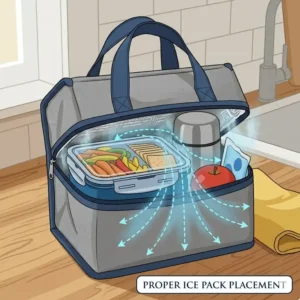 An instructional illustration showing the proper placement of ice packs inside a lunch cooler to keep food cold.