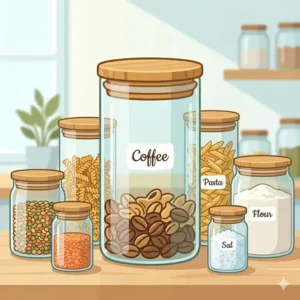 A row of glass storage bottle products filled with pasta and grains on a wooden pantry shelf.