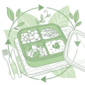 Minimalist line illustration of a reusable silicone bento box surrounded by green leaves to highlight eco-friendly and sustainable lunch storage.
