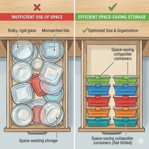 Illustration showing a comparison between bulky glass bowls and flat-folded collapsible food containers stacked neatly in a narrow kitchen drawer.