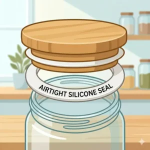 Close-up of the silicone ring on a glass storage bottle lid ensuring an airtight seal for freshness.