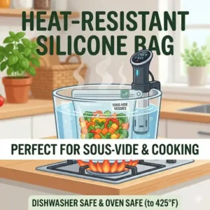 A heat-resistant silicone bag being used to sous-vide vegetables in a pot of boiling water.