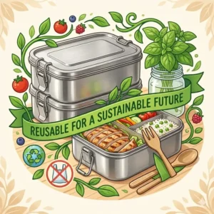 "A creative illustration highlighting eco-friendly and reusable stainless steel bento containers with a sustainable future theme."