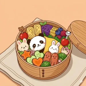 A step-by-step infographic illustration showing how to pack a cute bento lunch box using silicone food dividers and decorative picks.