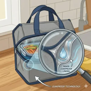 A cross-section illustration highlighting the leakproof inner lining and waterproof interior of an insulated lunch cooler.