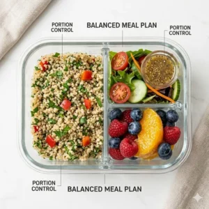 Efficient meal prepping using a lunch box glass with divider to keep different food groups separated and fresh.