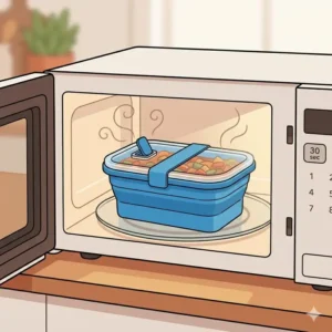 An illustration of a collapsible food containers with its vent valve open, being placed inside a microwave for reheating.