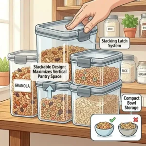 An illustration of stackable cereal food storage containers maximizing vertical shelf space in a small kitchen pantry.