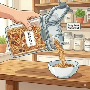 A graphic showing a hand pouring granola from a large cereal food storage container with a comfortable grip and flip-top spout.