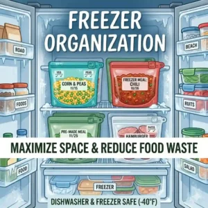 An illustration of organized freezer shelves using labeled silicone bags for meal prep storage.