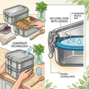 "A close-up cross-section vector art demonstrating the leakproof technology and airtight silicone seal of these stainless steel bento containers."