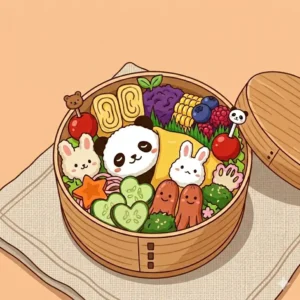 An overhead illustration of essential tools for making a cute bento, including seaweed nori punches, vegetable cutters, and animal-shaped food picks.