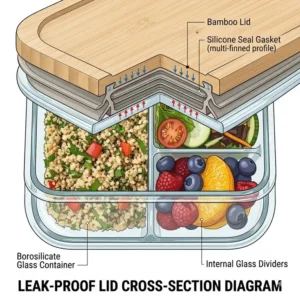 Close-up of the airtight and leak-proof lid design on a lunch box glass with divider for secure food transport.