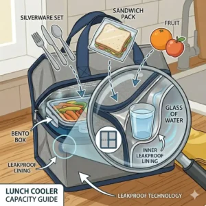 A diagram illustrating how many bento boxes and food storage containers can fit inside a standard lunch cooler.