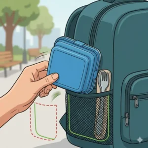 A flat-folded blue collapsible food containers tucked into the side pocket of a commuter backpack, highlighting its lightweight design.