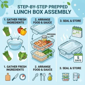 Safety icons and tips for a prepped lunch box regarding proper reheating in a microwave.