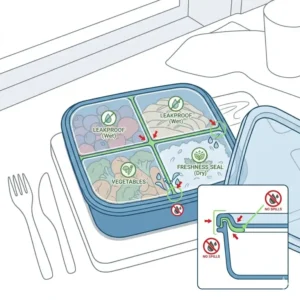 Diagram illustration showcasing the airtight and leakproof silicone seals of a modern silicone bento box preventing spills.