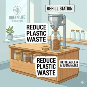 An eco-friendly glass storage bottle being refilled with bulk dry goods to reduce plastic waste.