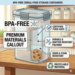 An infographic illustrating clear, durable, and BPA-free plastic material used in premium cereal food storage containers.
