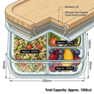 Detailed infographic showing the capacity and exact dimensions of a standard lunch box glass with divider.