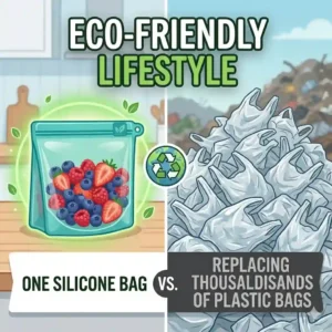 A conceptual illustration comparing one reusable silicone bag to a large pile of single-use plastic bags to show environmental impact.