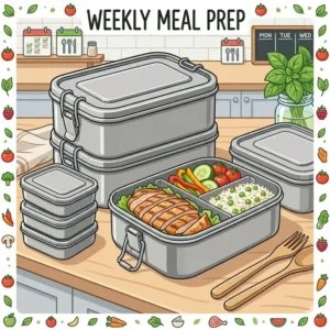 "A flat lay illustration of stacked stainless steel bento containers organized for weekly meal prep on a clean kitchen counter."