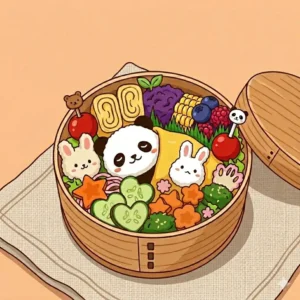 A charming illustration of a cat-themed cute bento lunch with kitty face sushi rolls, cherry tomatoes, and snap peas.