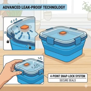 Close-up illustration of the airtight snap-on lid and silicone seal of a collapsible food containers to prevent spills.