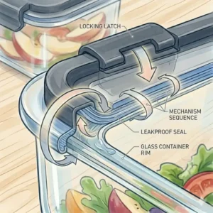Illustration of a glass lunch box set filled with healthy meal prep ingredients like quinoa, grilled chicken, and fresh vegetables.