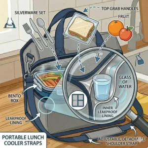 An illustration of a personal lunch cooler featuring an adjustable shoulder strap and a padded top handle for easy carrying.