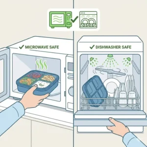 Simple icon illustration showing a silicone bento box being placed safely inside a microwave and a dishwasher.