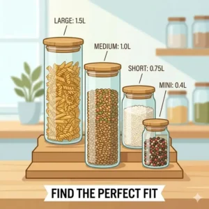 A collection of small and large glass storage bottle options arranged by height.