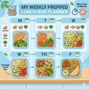 A colorful weekly calendar layout for planning a different prepped lunch box for each day.